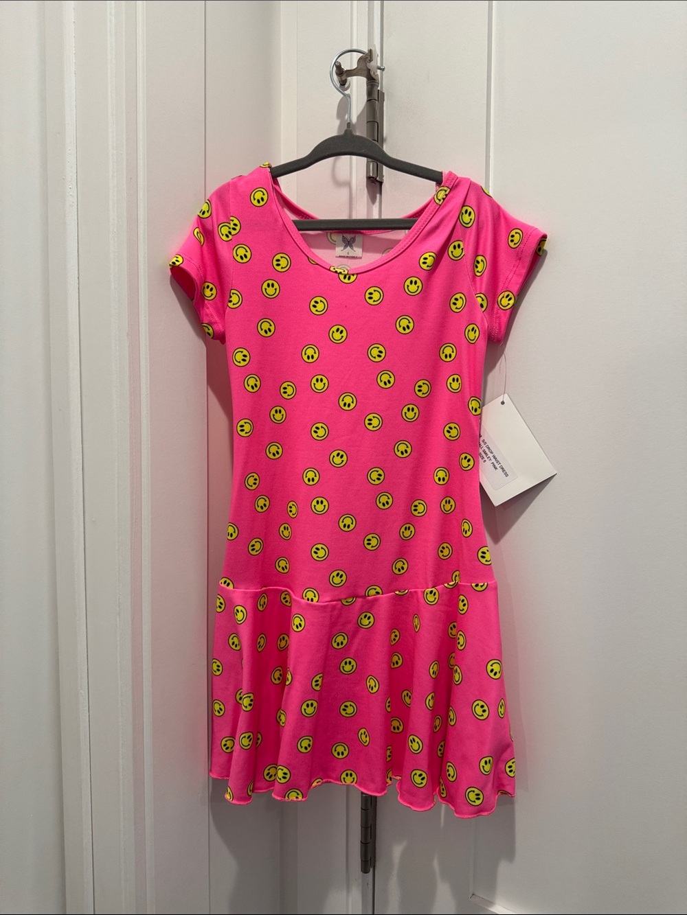 Girls' Neon Pink Smiley Print Short Sleeve Dress